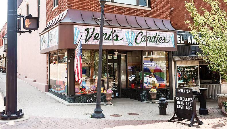 Exterior storefront of Veni’s Sweet Shop in Niles, Michigan.