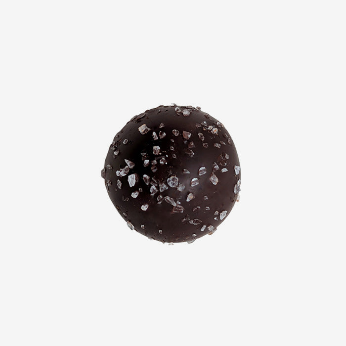 Chocolate truffle with silver碎片 on a white background