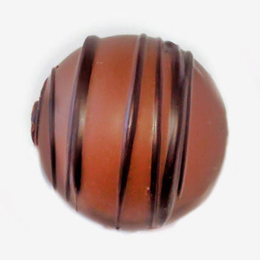 Brown spherical object with black stripes on a white background