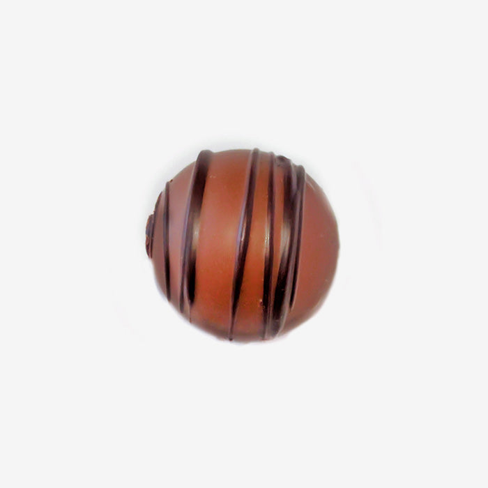 Brown spherical object with black stripes on a white background