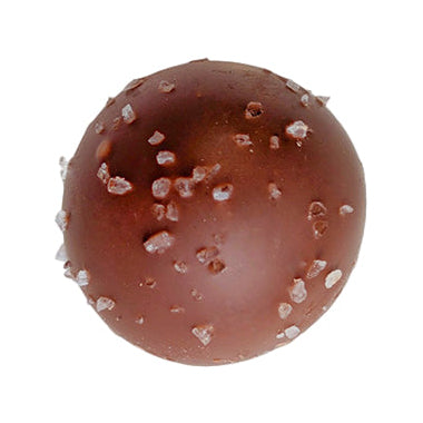 Chocolate truffle with salt crystals on a light gray background